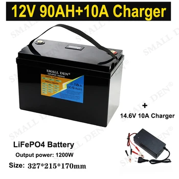 Lifepo4 12V 90Ah батерия 4S 12.8V 90000mAh с 100A BMS 1200W слънчева съхранение RV морски 12V захранване дисплей + 10A зарядно устройство