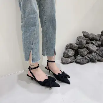 BCEBYL 2023 Нова мода Ранна пролет Заострени пръсти Плитък лък Една дума Сандали с ключалка Stiletto Zapatos de Tacon Mujer