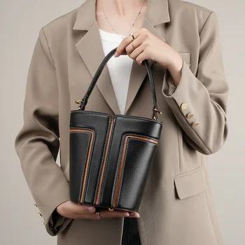 Нова луксозна естествена крава кожена кофа чанти за жени голям капацитет рамо Crossbody чанти телешка Commute мода чанта