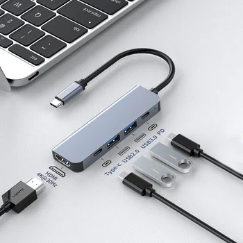 За лаптоп 5 в 1 USB C HUB Type-C към HDMI адаптер 4K 30Hz PD100W Dock USB-C 3.1 сплитер за MacBook iPad Pro Huawei USB 3.0HUB