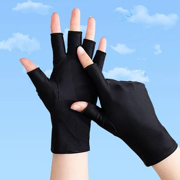 1 двойка жени случайни еластични анти-UV половин пръст ръкавици черно бяло сиво лято хладно тънък кратко колоездене шофиране ръкавици