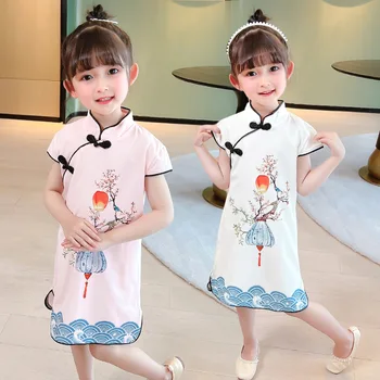 Момичета Cheongsam ретро китайски стил голям фенер рокля древни обичаи лято елегантен малко момиче сладък сладък qipao удобен