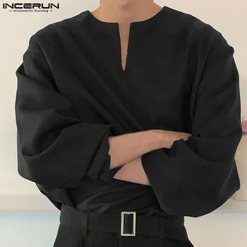 INCERUN 2023 Мъжка риза плътен цвят V врата дълъг ръкав хлабав реколта мъжко облекло улично облекло корейски стил ежедневни ризи S-5XL