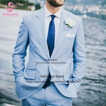 Мода светло сини костюми за мъже тънък годни 2 парче яке панталони комплект мъжки бизнес нетактичност официален младоженец сватба връх ревера смокинг