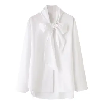 TRAF Женски лък яка Poplin риза бял елегантен дълъг ръкав върховете за жени 2024 Нова мода еднореден асиметрични ризи